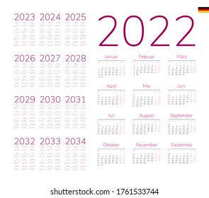 German Calendar for 2022-2034. Week starts on Monday