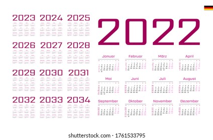 German Calendar for 2022-2034. Week starts on Monday