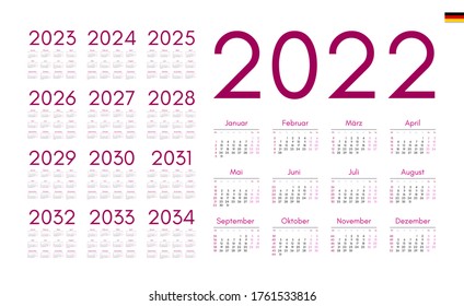 German Calendar for 2022-2034. Week starts on Monday