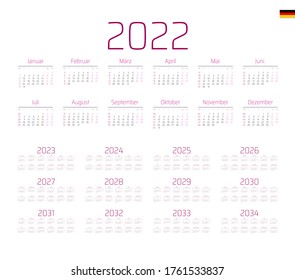 German Calendar for 2022-2034. Week starts on Monday