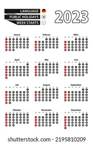 German calendar 2023 with numbers in circles, week starts on Sunday Vector illustration.