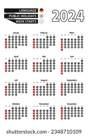 German calendar 2024 with numbers in circles, week starts on Sunday Vector illustration.