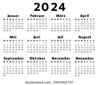 GERMAN calendar for 2024. Printable, editable vector illustration for Germany. 12 month year kalender. 