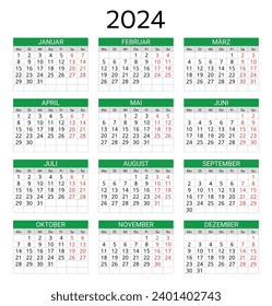 GERMAN calendar for 2024. Printable, editable vector illustration for Germany. 12 months year kalender. 