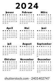 GERMAN calendar for 2024. Printable, editable vector illustration for Germany. 12 month year kalender. 