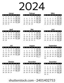 GERMAN calendar for 2024. Printable, editable vector illustration for Germany. 12 month year kalender. 