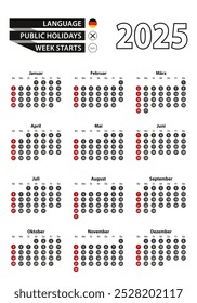 German calendar 2025 with numbers in circles, week starts on Sunday Vector illustration.