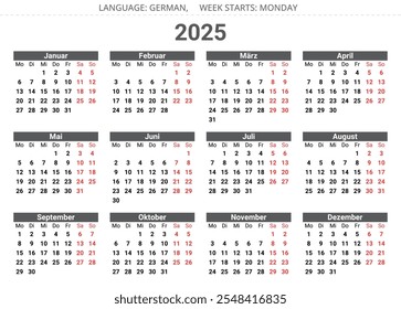 German calendar 2025: Yearly planner with vector illustrations of Germany