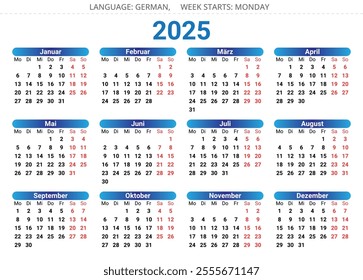 German calendar 2025: Yearly planner with vector illustrations of Germany