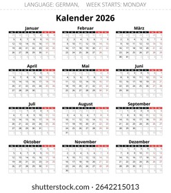 GERMAN calendar 2026 year. Vector illustration for Germany (germanic kalender)