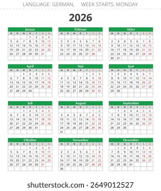 Calendário alemão para o ano de 2026. Ilustração vetorial para a Alemanha (germanic kalender)