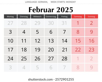 German calendar for february 2025. Vector illustration of winter month for Germany - Kalender februar