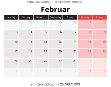 German calendar for february 2025. Vector illustration of a winter month for Germany - Kalender februar