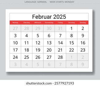 German calendar for february 2025. Vector illustration paper page of a winter month for Germany - Kalender februar