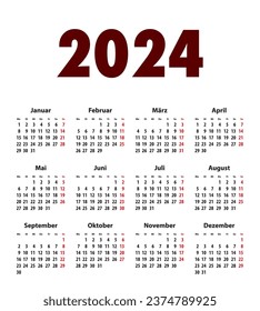 Deutsches Kalendergitter fette Ziffern für 2024. Bester Kalender-Druck, Business, Web-Design, Bürobedarf und Präsentationen. Zunächst montags. Vektorgrafik