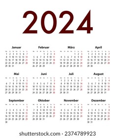 Deutsche Kalender-Gittergitter-Ziffern für 2024. Bester Kalender-Druck, Business, Web-Design, Bürobedarf und Präsentationen. Zunächst montags. Vektorgrafik