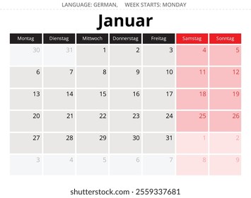 German calendar for January 2025. Vector illustration of a winter month for Germany - Kalender Januar