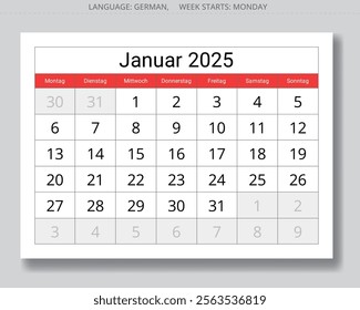 German calendar for January 2025. Vector illustration paper page of a winter month for Germany - Kalender Januar