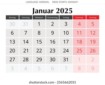 German calendar for January 2025. Vector illustration of winter month for Germany - Kalender Januar