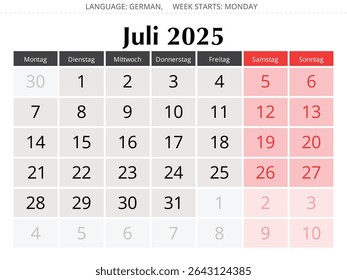 German calendar for july 2025. Vector illustration of month for Germany - Kalender juli