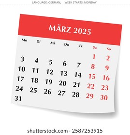 German calendar for march 2025. Vector illustration of a winter month page for Germany