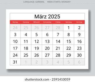 German calendar for march 2025. Vector illustration paper page of a winter month for Germany