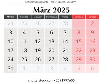 German calendar for march 2025. Vector illustration of spring month for Germany