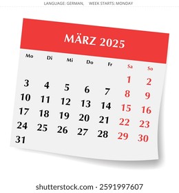 German calendar for march 2025. Vector illustration of a spring month page for Germany