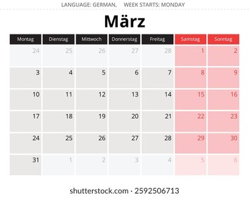 German calendar for march 2025. Vector illustration of a spring month for Germany