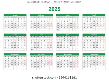 Calendario alemán en el año 2025. Ilustración vectorial para Alemania (kalender germánico)