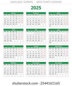 Calendario alemán en el año 2025. Ilustración vectorial para Alemania (kalender germánico)