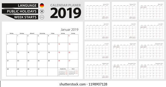 German calendar planner for 2019. German  language, week starts from Monday. Vector calendar template for Germany, Belgium, Austria, Switzerland and other.