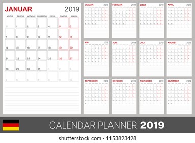 German calendar planner 2019, week starts on Monday, set of 12 months January - December, calendar template size A4, simple design on white background, set desk calendar template, vector illustration