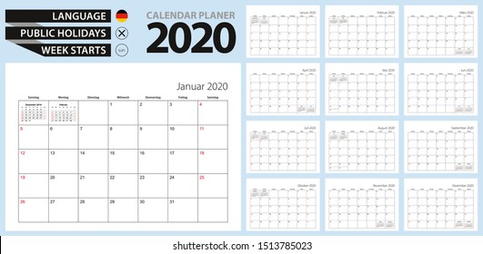 German calendar planner for 2020. German language, week starts from Sunday. Vector template.