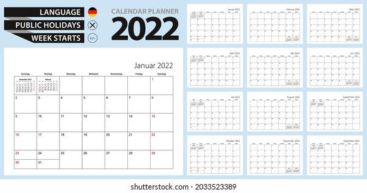 Planificador del calendario alemán para 2022. Alemán, la semana comienza a partir del domingo. Plantilla de vectores.