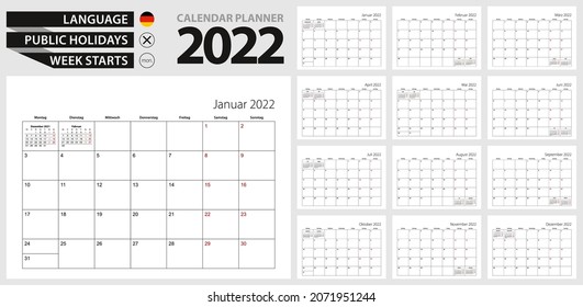 German calendar planner for 2022. German language, week starts from Monday. Vector calendar template for Germany, Belgium, Austria, Switzerland and other.