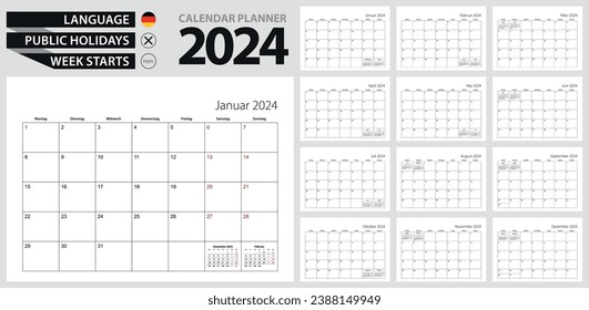 Deutscher Kalender-Planer für 2024. Die deutsche Sprache, die Woche beginnt am Montag. VektorKalendervorlage für Deutschland, Belgien, Österreich, die Schweiz und andere.