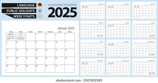 Calendario alemán para 2025. En alemán, la semana comienza el domingo. Plantilla de Vector.