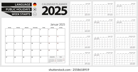 German calendar planner for 2025. German language, week starts from Monday. Vector calendar template for Germany, Belgium, Austria, Switzerland and other.