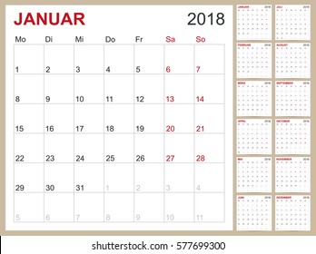 German calendar template for year 2018, set of 12 months, week starts on Monday, printable calendar templates