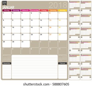German calendar template for year 2018, set of 12 months, week starts on Monday, printable calendar templates