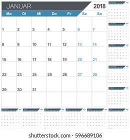 German calendar template for year 2018, set of 12 months, week starts on Monday, printable calendar templates