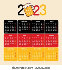 German calendar for whole 2023 with cup of beer and national flag colors of German. Vector illustration 