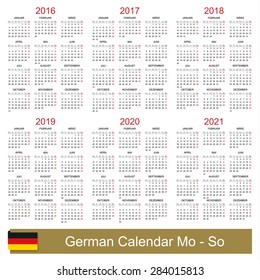 German calendar for years 2016-2021, week starts on Monday