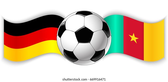 German and Cameroonian wavy flags with football ball. Germany combined with Cameroon isolated on white. Football match or international sport competition concept.