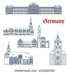 German cathedrals and churches in Brandenburg and Wurzburg, vector architecture buildings. Germany Saint Catherine church and Gotthardtkirche, Bishop Residence and Spremberg Rathaus town hall