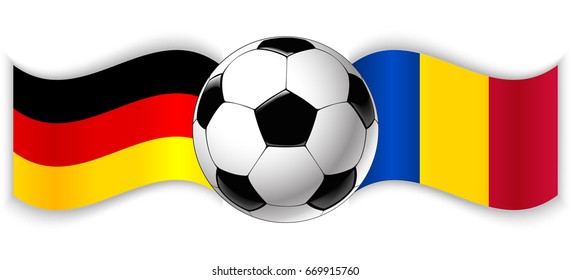 German and Chadian wavy flags with football ball. Germany combined with Chad isolated on white. Football match or international sport competition concept.