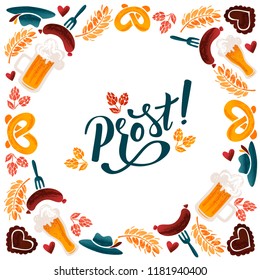 German Cheers vector typography illustration for bavarian beer festival for greeting card, invitation, banner, poster, pack, sticker, glass. Oktoberfest design elements, handwritten lettering. EPS 10.