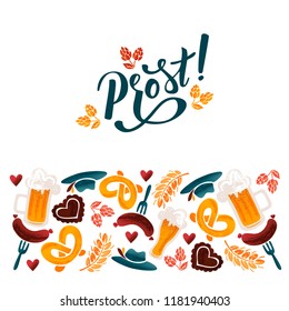 German Cheers vector typography illustration for bavarian beer festival for greeting card, invitation, banner, poster, pack, sticker, glass. Oktoberfest design elements, handwritten lettering. EPS 10.