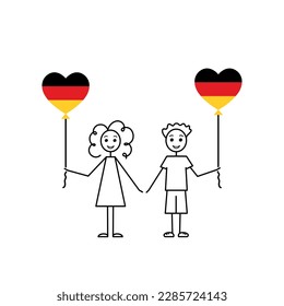 german children, deutsche kinder, love Germany sketch, girl and boy with a heart shaped balloons, black line vector illustration